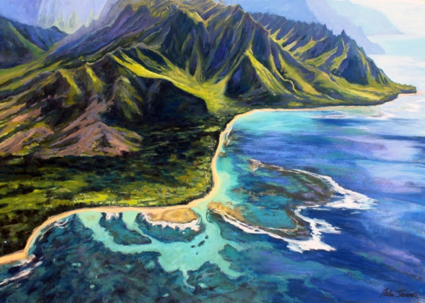 An Aerial View of Tunnels Reef, Pastel artwork by Kauai artist Helen Turner