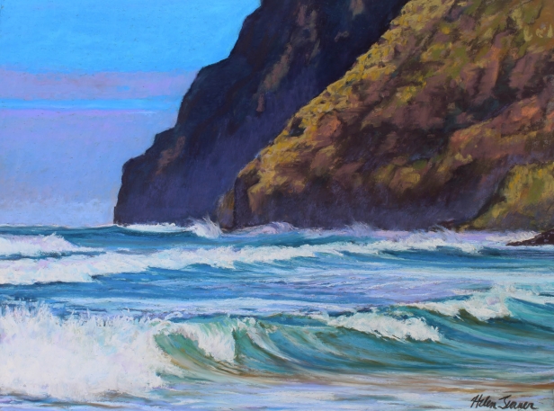 Big Surf on the Pali, Pastel artwork by Kauai artist Helen Turner