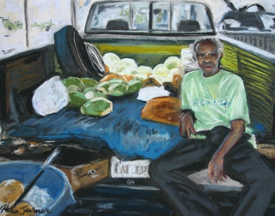 Chill coconut Man, Pastel artwork by Kauai artist Helen Turner