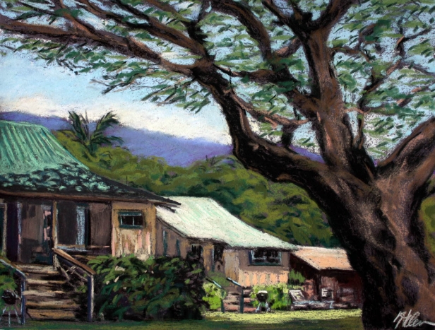 Cottages under the big Monkeypod Tree, Pastel artwork by Kauai artist Helen Turner
