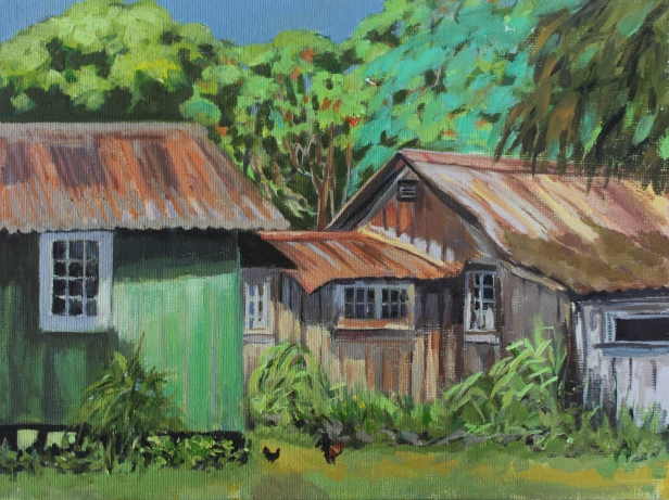 Cottages with chickens, Oil artwork by Kauai artist Helen Turner