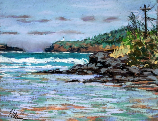 Distant Lighthouse and Anini Cove, Pastel artwork by Kauai artist Helen Turner