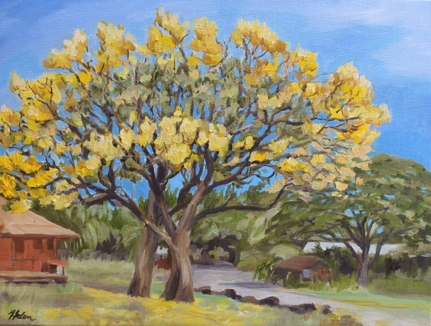 Gold trees of Waimea, Oil artwork by Kauai artist Helen Turner