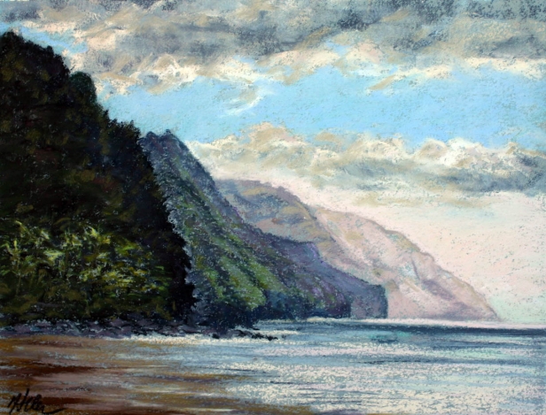 Ke'e October sunset, Pastel artwork by Kauai artist Helen Turner