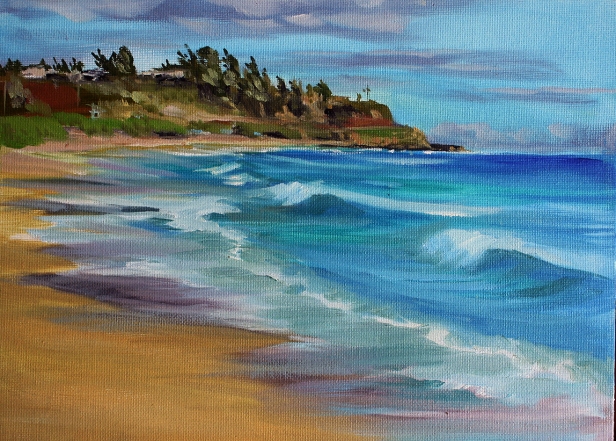 Kealia Beach plein air, Pastel artwork by Kauai artist Helen Turner