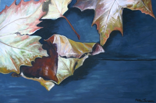 Leaves on Blue PicNic Table, Pastel artwork by Kauai artist Helen Turner