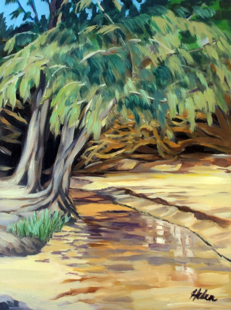 Mahaulepu Stream with Ironwoods, Oil artwork by Kauai artist Helen Turner