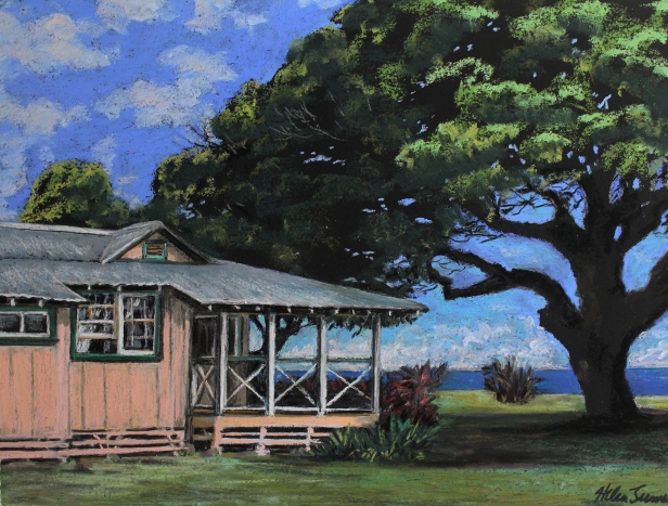 Ocean front cottage, Pastel artwork by Kauai artist Helen Turner