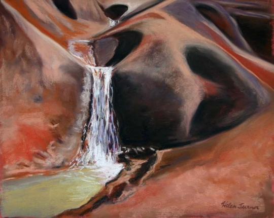 Red Waterfall, Pastel artwork by Kauai artist Helen Turner