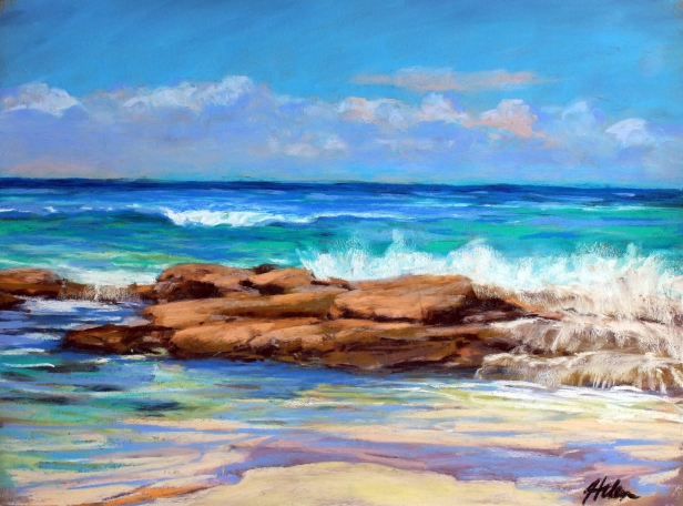 Reef Rocks and breaking waves, Pastel artwork by Kauai artist Helen Turner