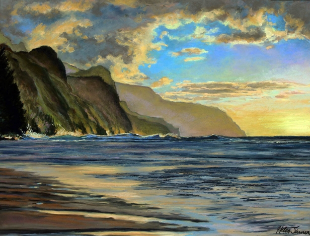 Rising Surf off the Pali, Pastel artwork by Kauai artist Helen Turner