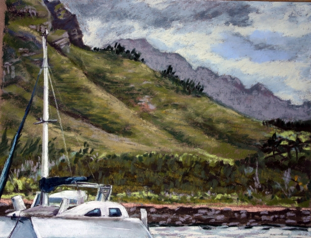 Sailboat in Nawiliwili Harbor, Pastel artwork by Kauai artist Helen Turner