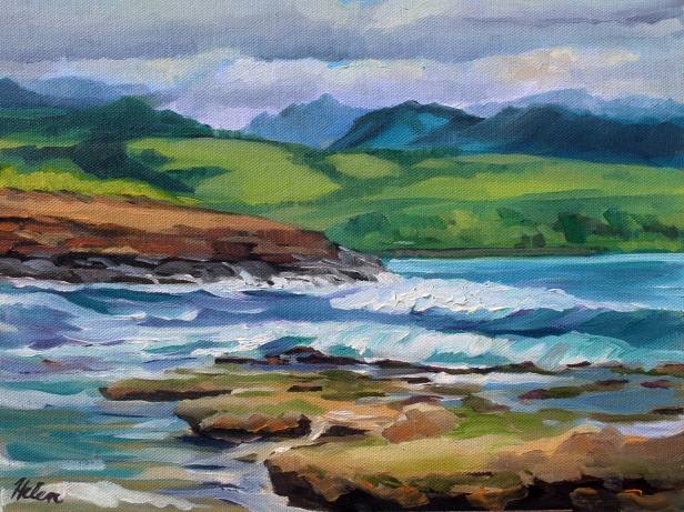 Shark cove from the beach, Oil artwork by Kauai artist Helen Turner