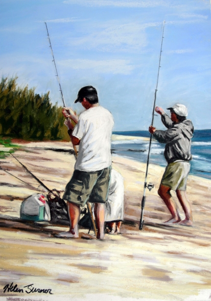 Surfcasters at Mahaulepu, Pastel artwork by Kauai artist Helen Turner
