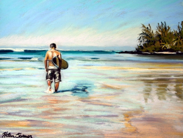 Surfer at the Bay, Pastel artwork by Kauai artist Helen Turner