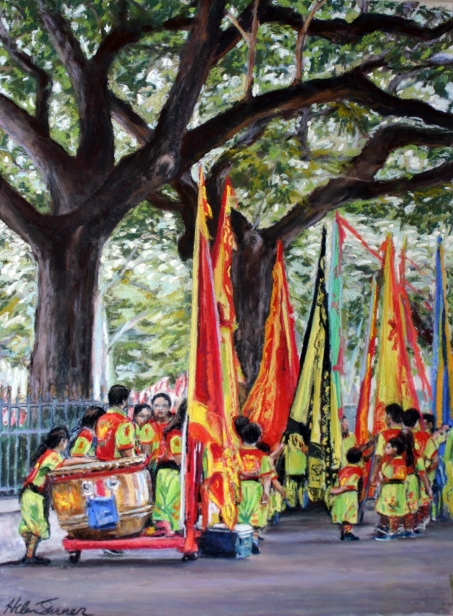 Taiko Drummers, Pastel artwork by Kauai artist Helen Turner