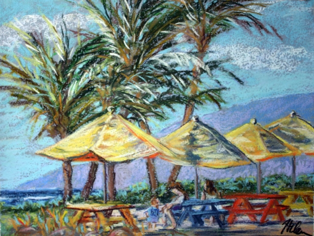 Umbrellas on the eastside, Pastel artwork by Kauai artist Helen Turner