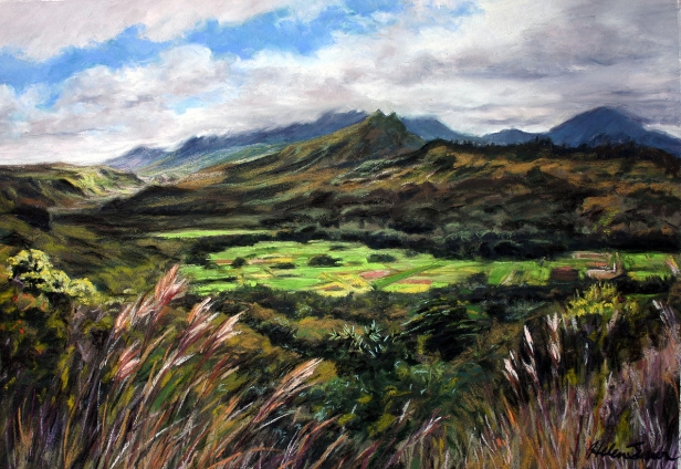 View from ancient heiau, Pastel artwork by Kauai artist Helen Turner