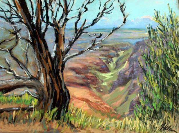 Waimea Canyon framed in trees, Pastel artwork by Kauai artist Helen Turner