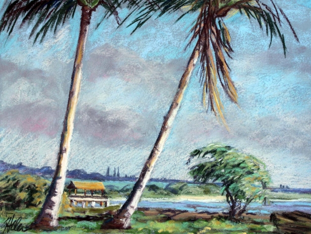 Waimea Pier through the Palms, pastel artwork by Kauai artist Helen Turner