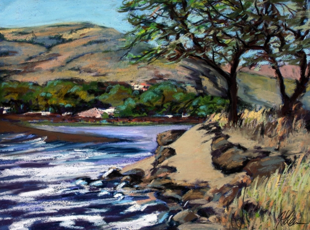 Waimea Rivermouth from Russian Fort, Pastel artwork by Kauai artist Helen Turner