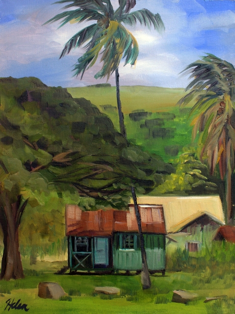 Waimea cottage with trees(lesson spot), Oil artwork by Kauai artist Helen Turner