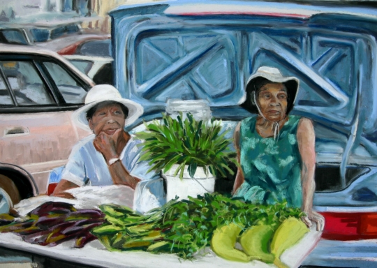 Waiting for a Sale at the Farmer's Market, Pastel artwork by Kauai artist Helen Turner